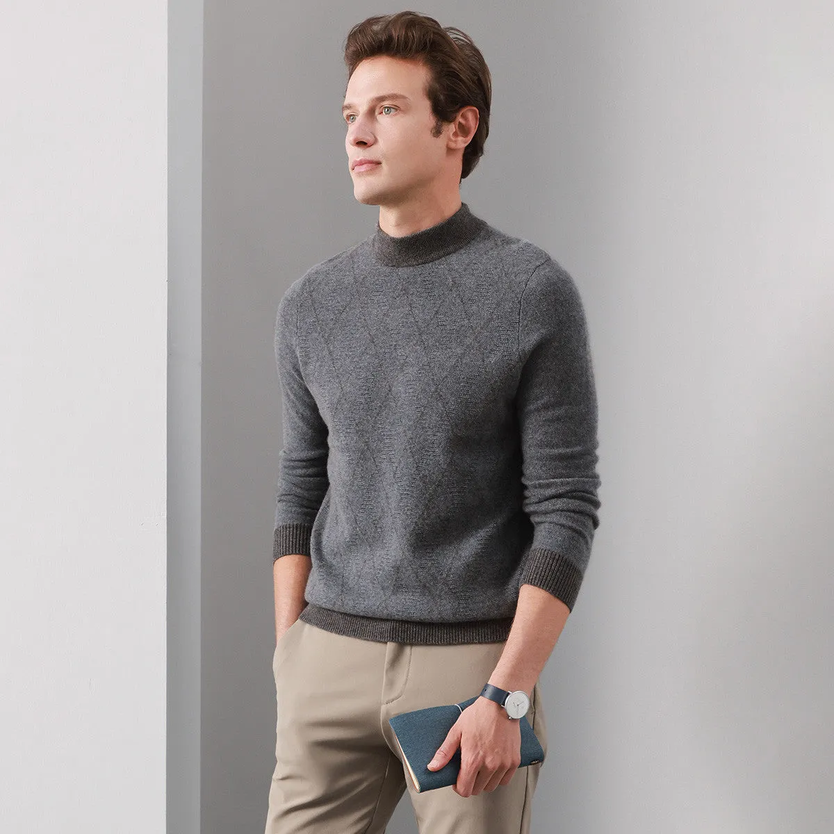 100% Cashmere Mens Mock Neck Jacquard Sweater