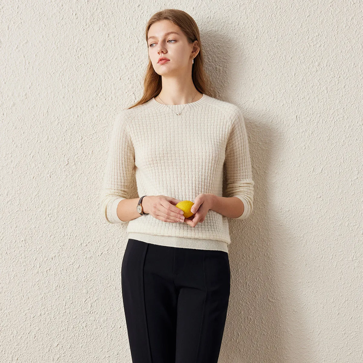 100% Cashmere Round Neck Ribbed Knit Sweater