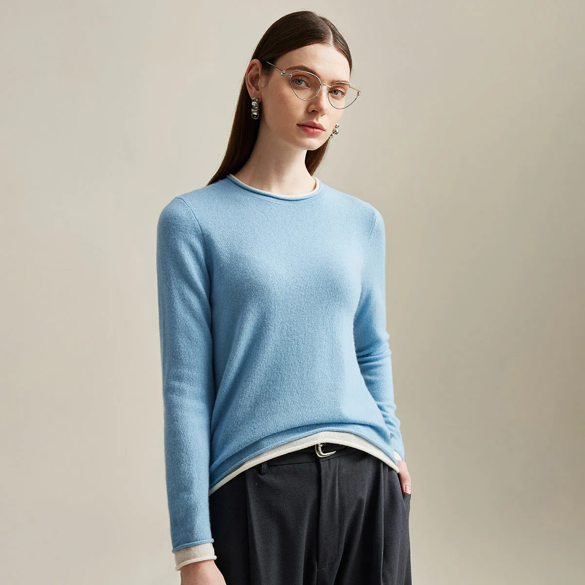 100% Cashmere Sweater with Contrast Trim