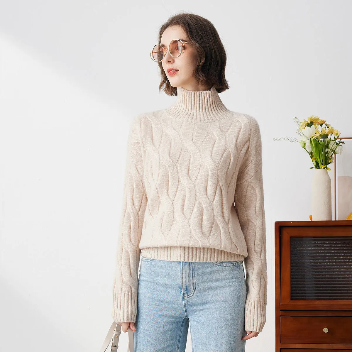 100% Cashmere  Turtleneck Cable Knit Sweater