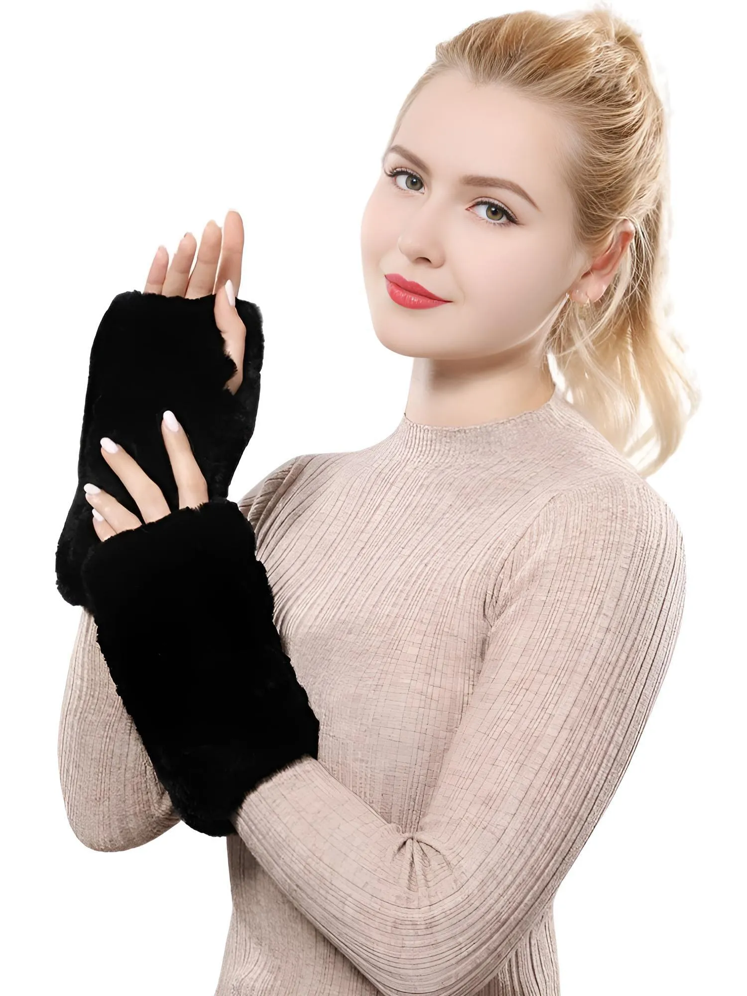 100% Real Genuine Mink Fur Fingerless Mittens For Women