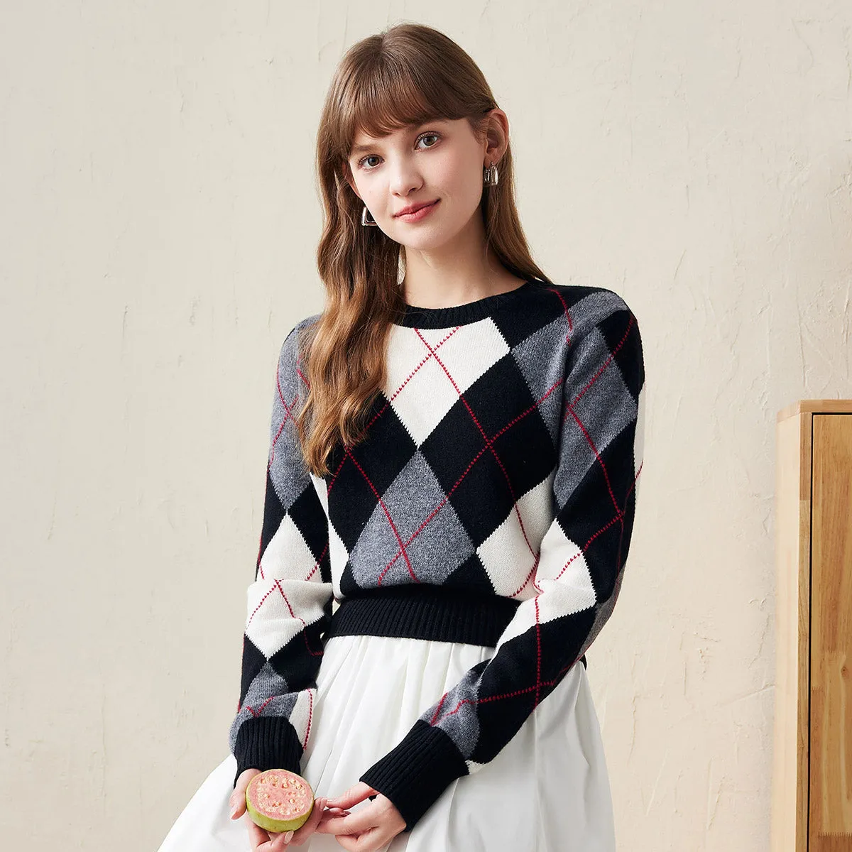 100% Wool Classic Argyle Pattern Knit Sweater