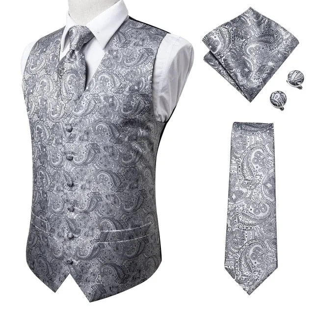 4 Piece Navy Paisley 100% Silk Dress Vest Dark Blue Jacquard Men's Suit Vest Waistcoat Tie Cufflinks Pocket Square Set