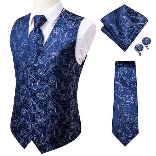 4 Piece Navy Paisley 100% Silk Dress Vest Dark Blue Jacquard Men's Suit Vest Waistcoat Tie Cufflinks Pocket Square Set