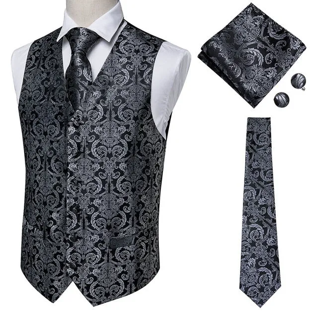 4 Piece Navy Paisley 100% Silk Dress Vest Dark Blue Jacquard Men's Suit Vest Waistcoat Tie Cufflinks Pocket Square Set