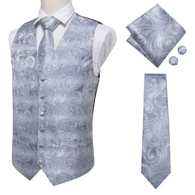 4 Piece Navy Paisley 100% Silk Dress Vest Dark Blue Jacquard Men's Suit Vest Waistcoat Tie Cufflinks Pocket Square Set