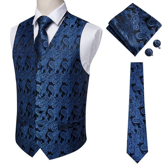 4 Piece Navy Paisley 100% Silk Dress Vest Dark Blue Jacquard Men's Suit Vest Waistcoat Tie Cufflinks Pocket Square Set