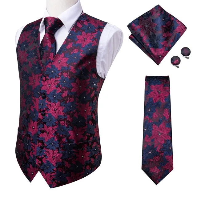 4 Piece Navy Paisley 100% Silk Dress Vest Dark Blue Jacquard Men's Suit Vest Waistcoat Tie Cufflinks Pocket Square Set