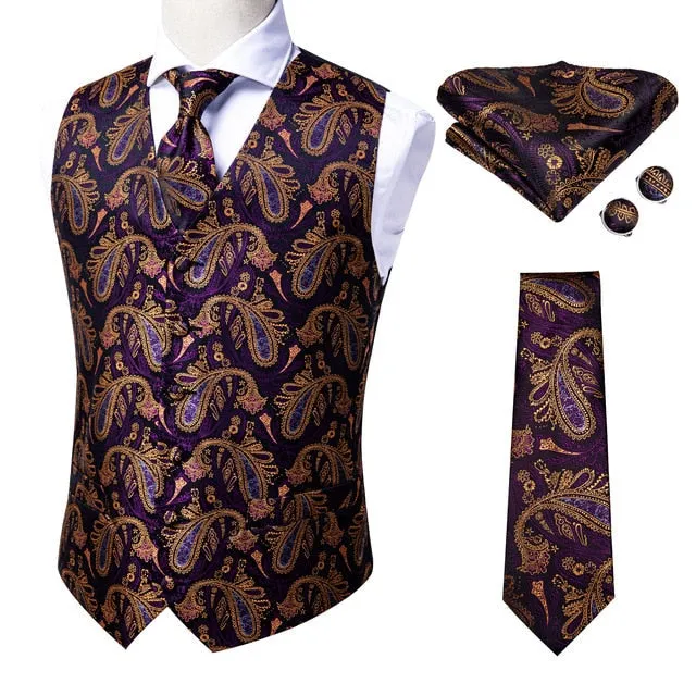 4 Piece Navy Paisley 100% Silk Dress Vest Dark Blue Jacquard Men's Suit Vest Waistcoat Tie Cufflinks Pocket Square Set