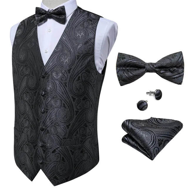 5 Piece Vests Slim Fit Mens Wedding Suit Casual Sleeveless Formal Business Waistcoat Hanky Necktie Bow Tie Set