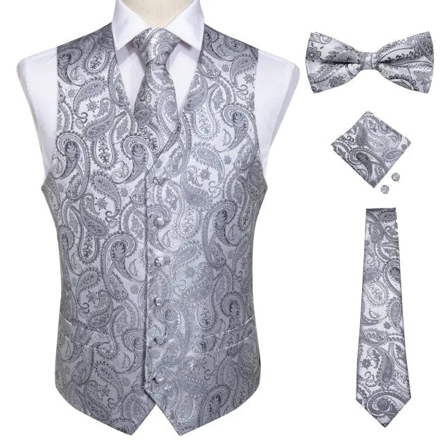 5 Piece Vests Slim Fit Mens Wedding Suit Casual Sleeveless Formal Business Waistcoat Hanky Necktie Bow Tie Set