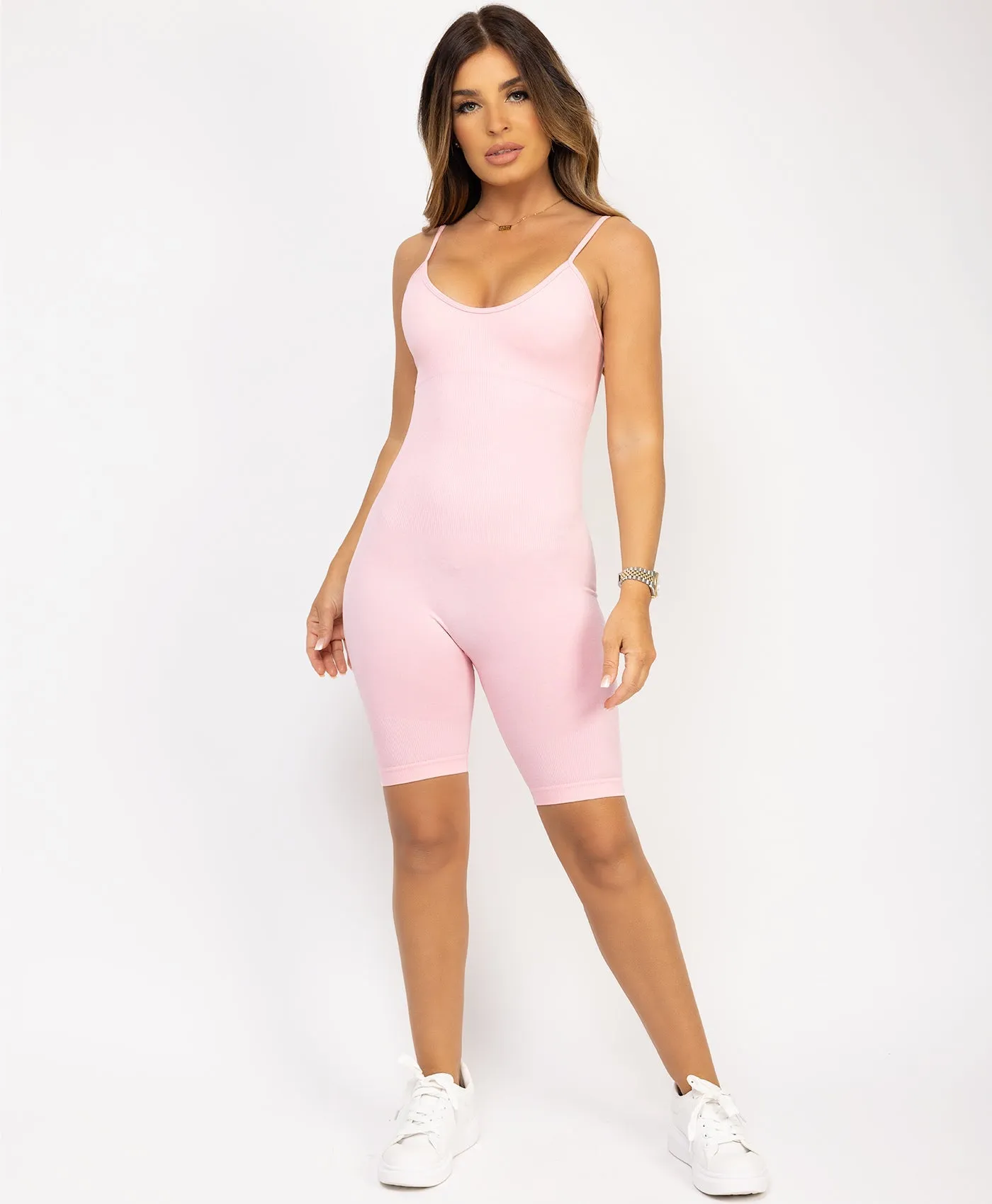 Baby Pink Sculpting Ribbed Waist Structured Unitard Playsuit