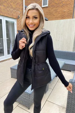 Black Drawstring Waist Hooded Gilet