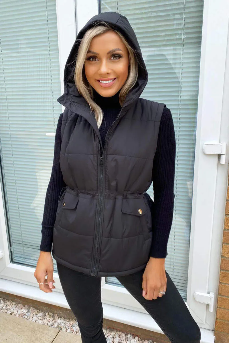 Black Drawstring Waist Hooded Gilet