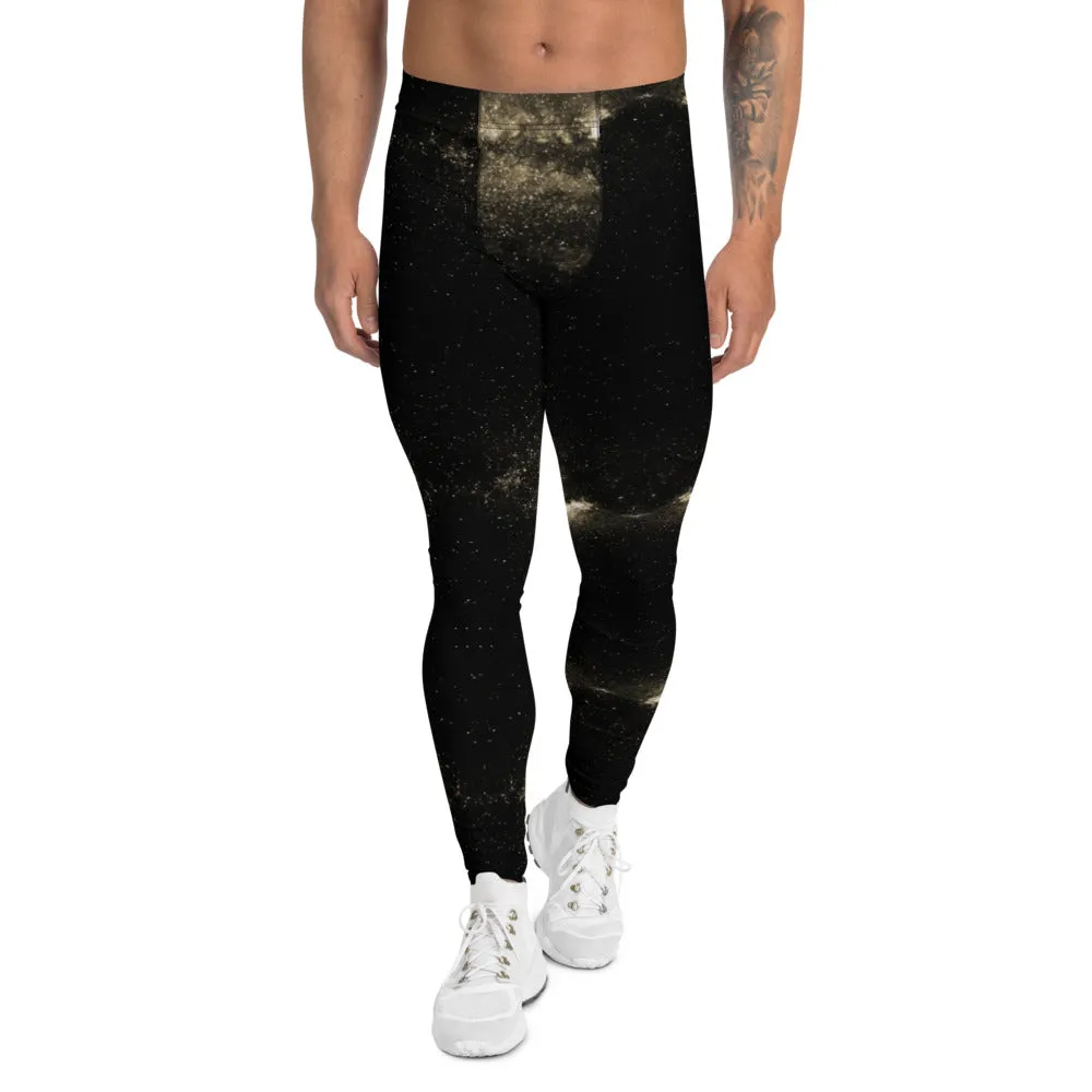 Black Galaxies Men's Leggings, Space Galaxies Designer Meggings Premium Tights-Made in USA/EU/MX