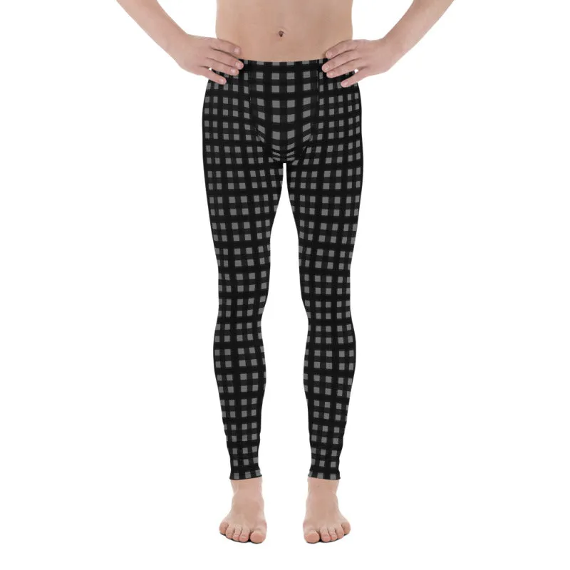 Black Gray Buffalo Meggings, Plaid Print Classic Men's Leggings Tights-Made in USA/EU