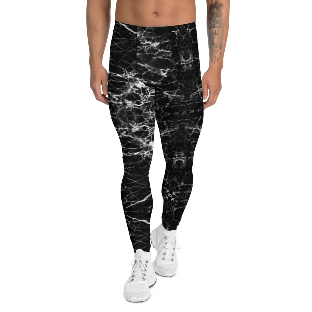 Black Marble Print Men's Leggings, Black White Marble Pattern Printed Meggings - Made in USA/EU