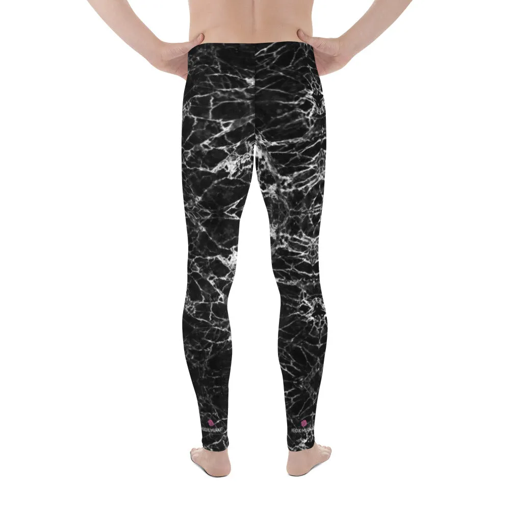 Black Marble Print Men's Leggings, Black White Marble Pattern Printed Meggings - Made in USA/EU