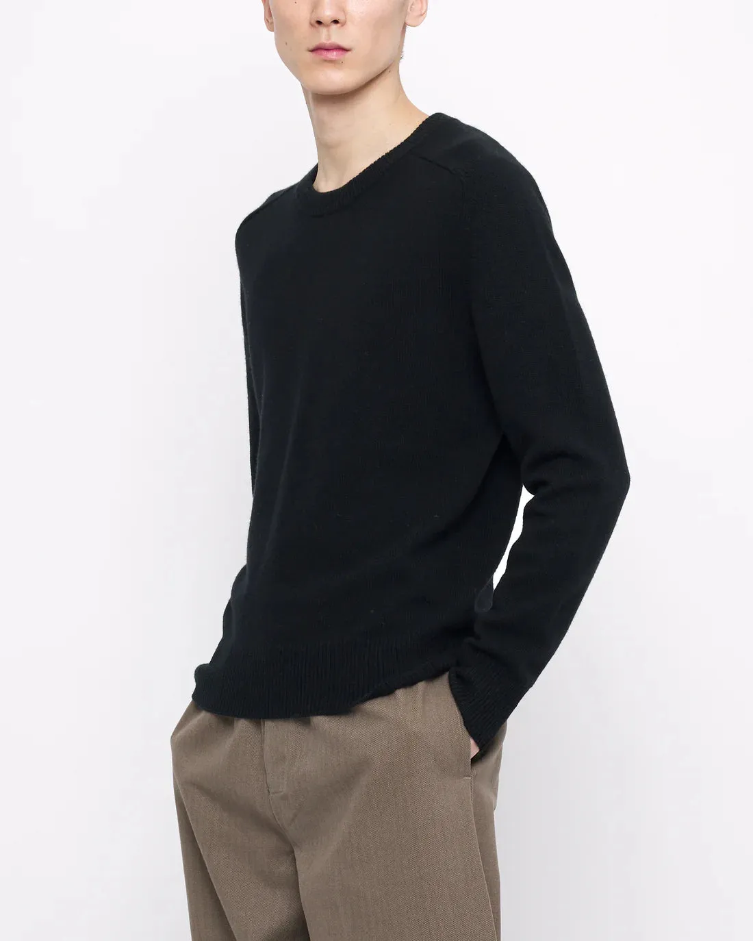 Black Signature Curved Shoulder Merino/Cotton Sweater