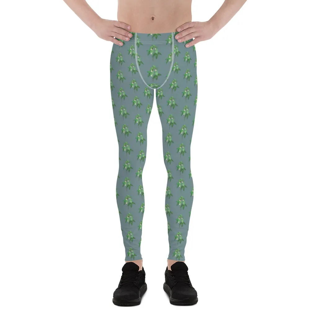 Blue Floral Men's Leggings, Flower Meggings Designer Workout Tights-Made in USA/EU/MX