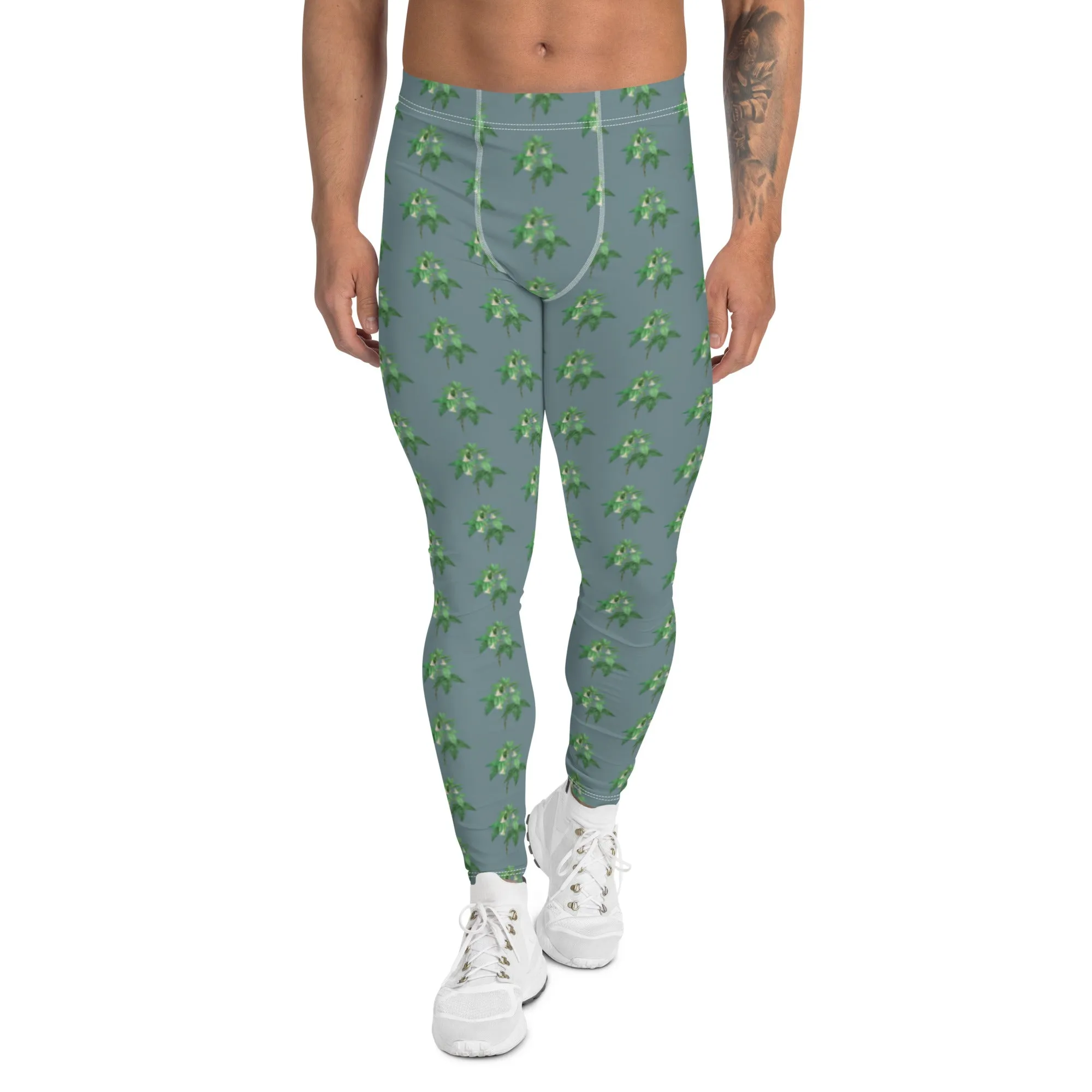 Blue Floral Men's Leggings, Flower Meggings Designer Workout Tights-Made in USA/EU/MX