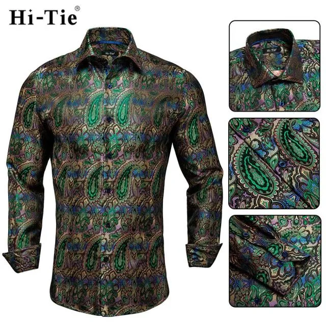 Blue Men's Shirts Paisley Floral Silk Gold Long Sleeve Casual Shirt Business Party Wedding Dress Shirt