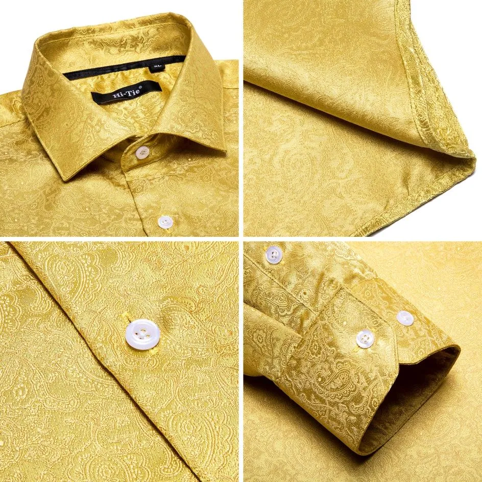 Blue Men's Shirts Paisley Floral Silk Gold Long Sleeve Casual Shirt Business Party Wedding Dress Shirt