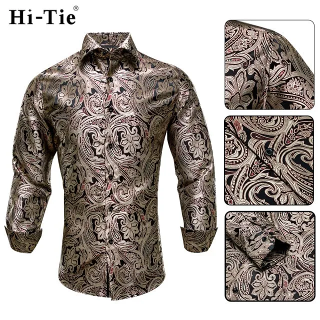 Blue Men's Shirts Paisley Floral Silk Gold Long Sleeve Casual Shirt Business Party Wedding Dress Shirt