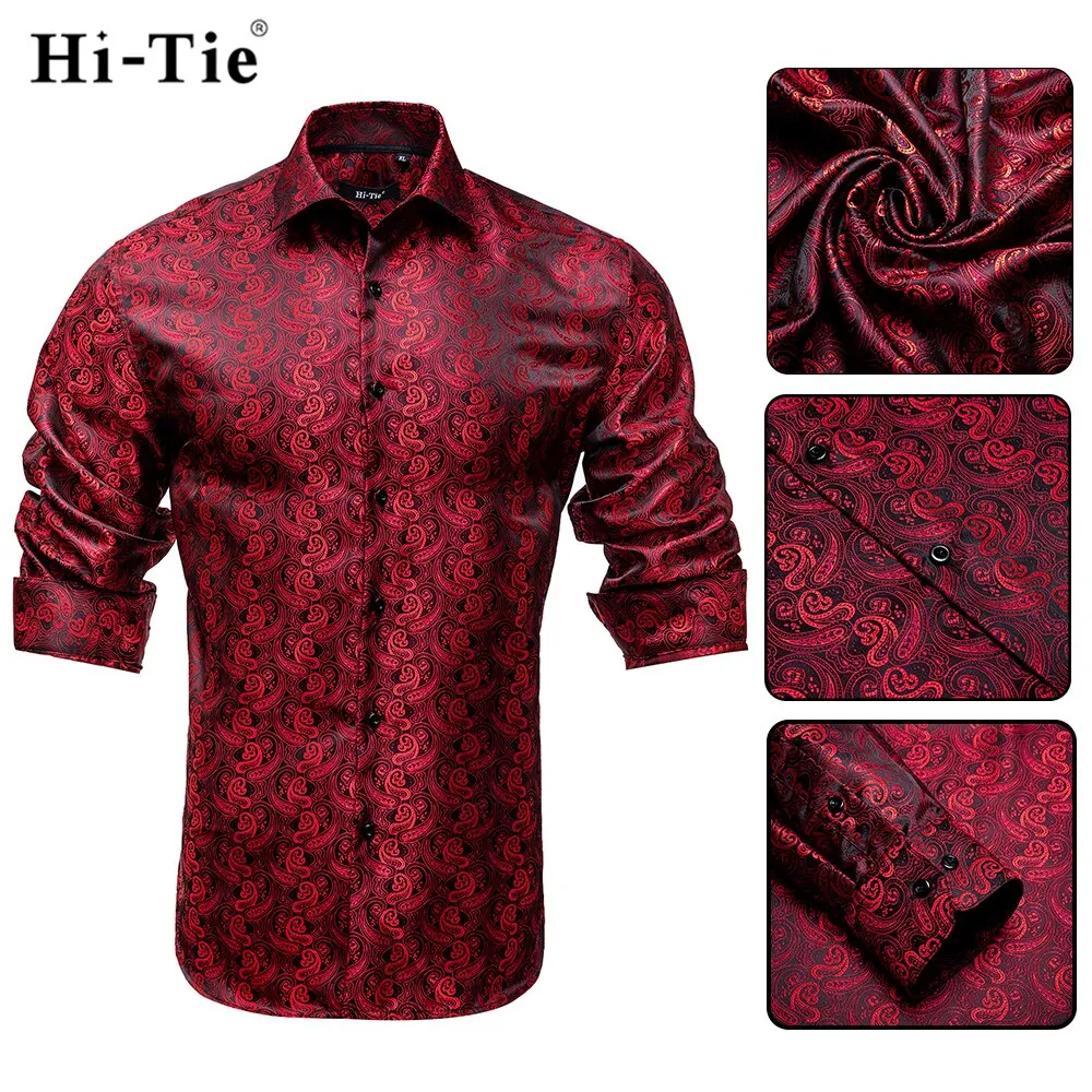 Blue Men's Shirts Paisley Floral Silk Gold Long Sleeve Casual Shirt Business Party Wedding Dress Shirt