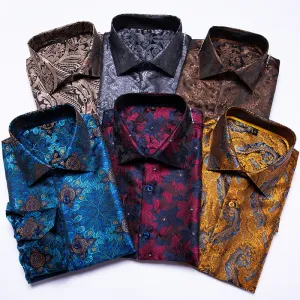 Blue Men's Shirts Paisley Floral Silk Gold Long Sleeve Casual Shirt Business Party Wedding Dress Shirt