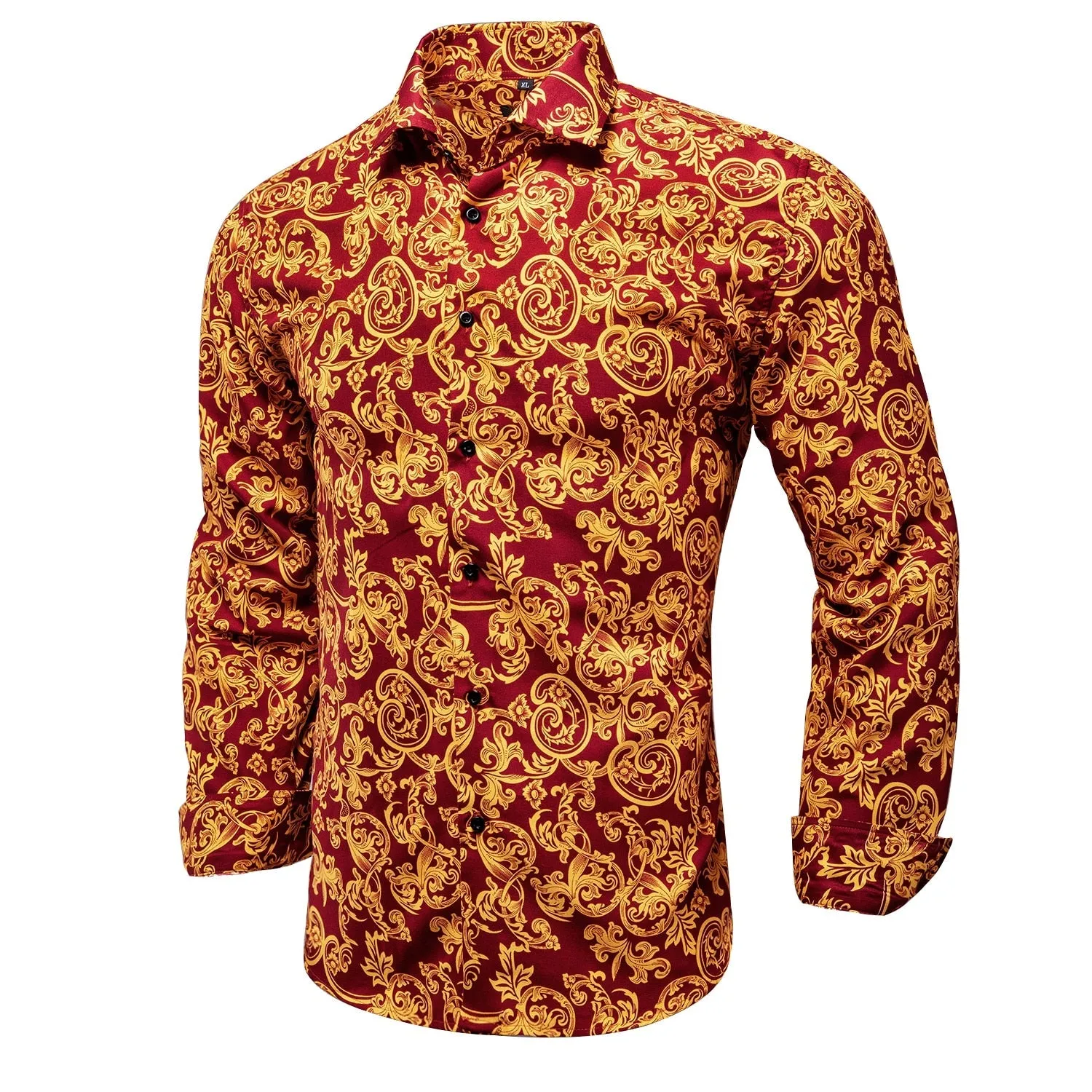 Blue Men's Shirts Paisley Floral Silk Gold Long Sleeve Casual Shirt Business Party Wedding Dress Shirt