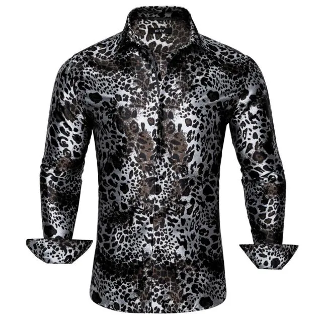 Blue Men's Shirts Paisley Floral Silk Gold Long Sleeve Casual Shirt Business Party Wedding Dress Shirt