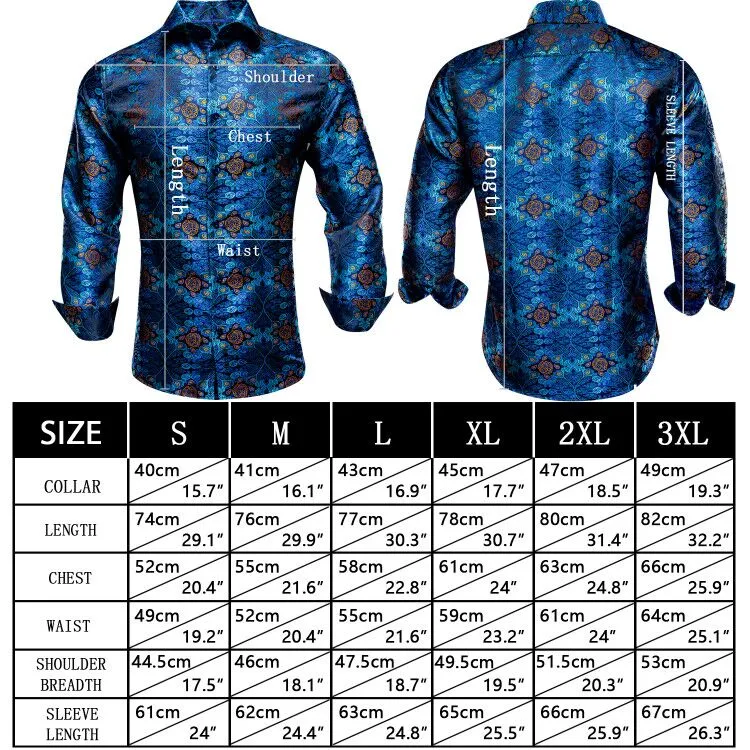 Blue Men's Shirts Paisley Floral Silk Gold Long Sleeve Casual Shirt Business Party Wedding Dress Shirt