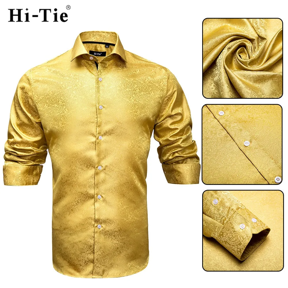 Blue Men's Shirts Paisley Floral Silk Gold Long Sleeve Casual Shirt Business Party Wedding Dress Shirt