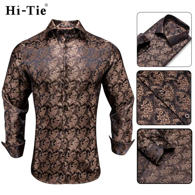 Blue Men's Shirts Paisley Floral Silk Gold Long Sleeve Casual Shirt Business Party Wedding Dress Shirt