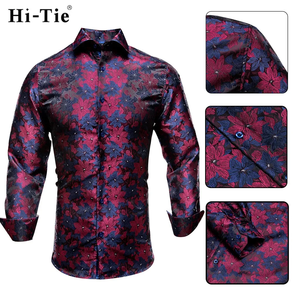 Blue Men's Shirts Paisley Floral Silk Gold Long Sleeve Casual Shirt Business Party Wedding Dress Shirt