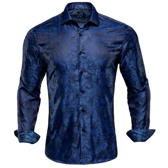 Blue Men's Shirts Paisley Floral Silk Gold Long Sleeve Casual Shirt Business Party Wedding Dress Shirt