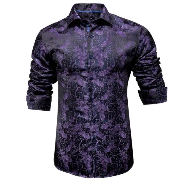 Blue Men's Shirts Paisley Floral Silk Gold Long Sleeve Casual Shirt Business Party Wedding Dress Shirt