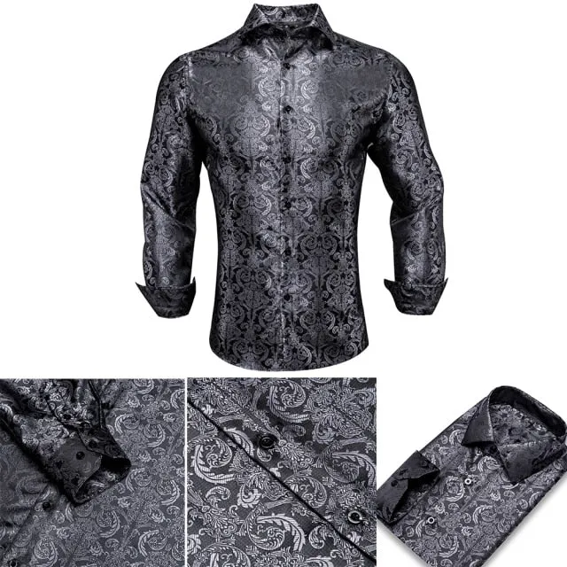 Blue Men's Shirts Paisley Floral Silk Gold Long Sleeve Casual Shirt Business Party Wedding Dress Shirt