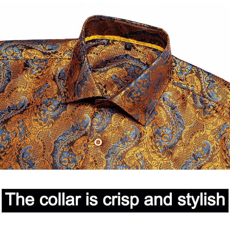 Blue Men's Shirts Paisley Floral Silk Gold Long Sleeve Casual Shirt Business Party Wedding Dress Shirt