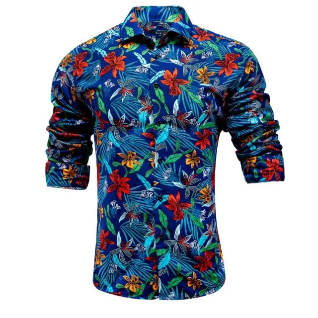 Blue Men's Shirts Paisley Floral Silk Gold Long Sleeve Casual Shirt Business Party Wedding Dress Shirt