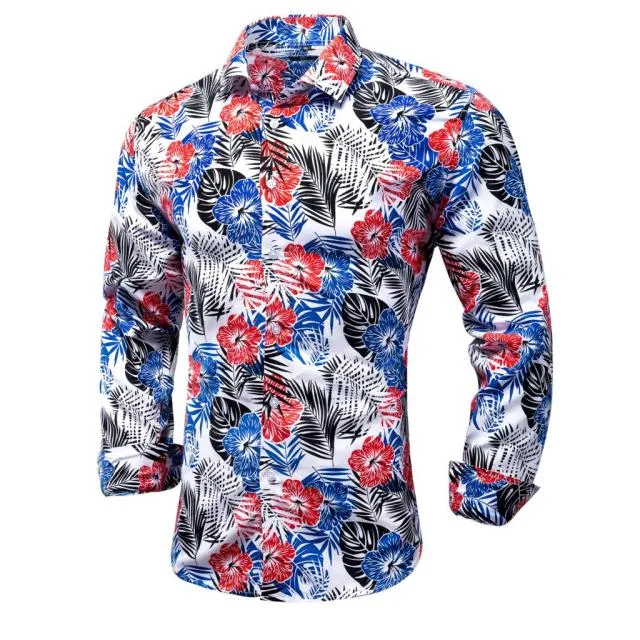 Blue Men's Shirts Paisley Floral Silk Gold Long Sleeve Casual Shirt Business Party Wedding Dress Shirt