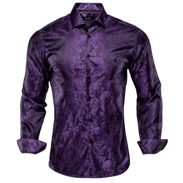 Blue Men's Shirts Paisley Floral Silk Gold Long Sleeve Casual Shirt Business Party Wedding Dress Shirt