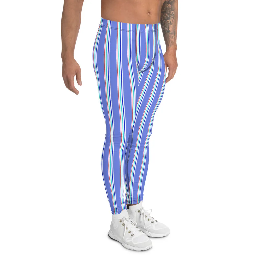 Blue Red Striped Men's Leggings, Modern Vertical Stripe Print Meggings-Made in USA/EU