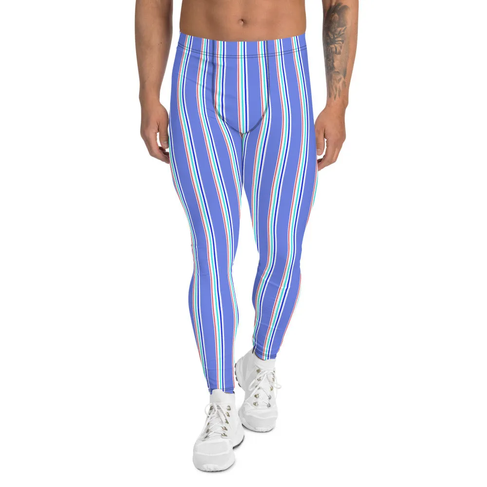 Blue Red Striped Men's Leggings, Modern Vertical Stripe Print Meggings-Made in USA/EU