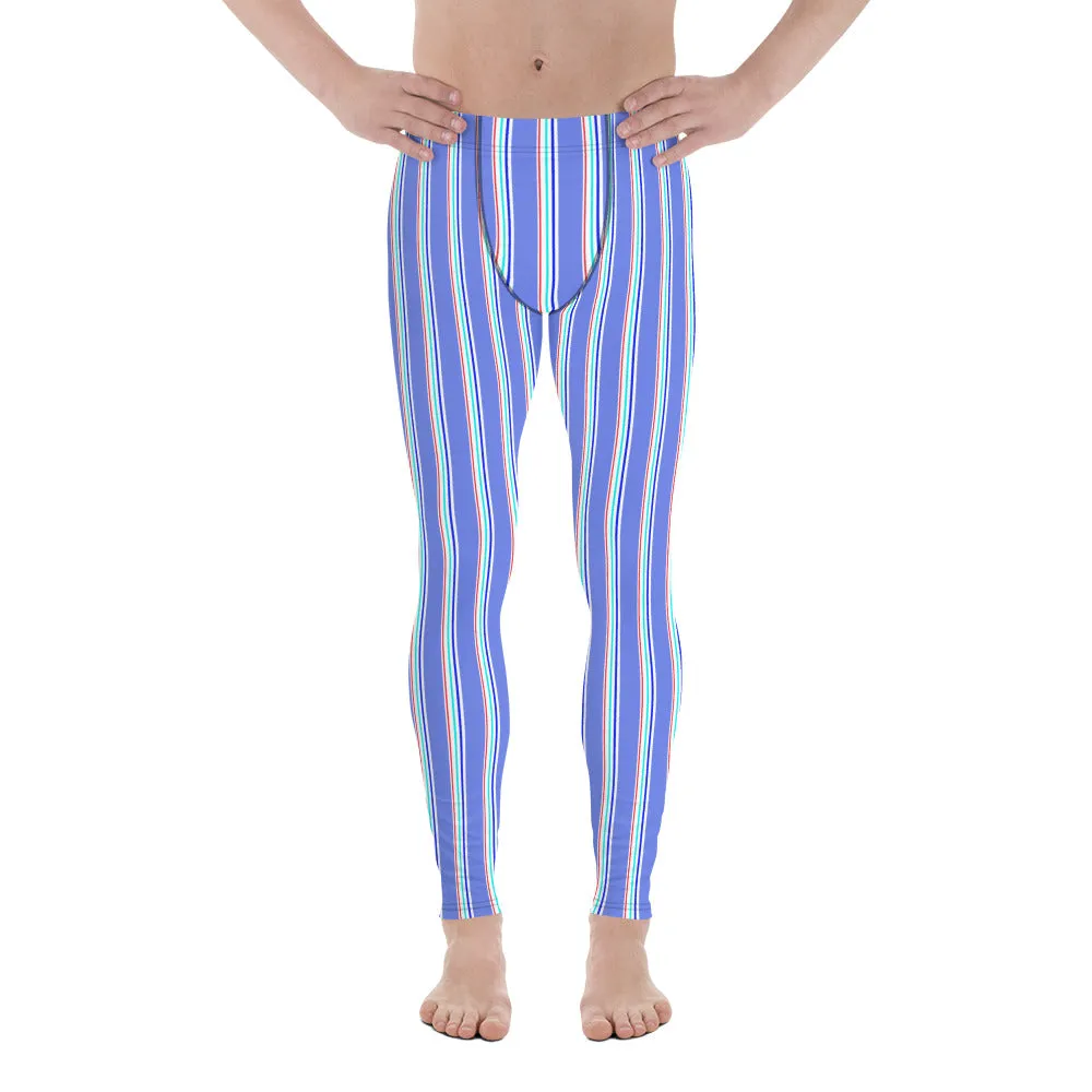 Blue Red Striped Men's Leggings, Modern Vertical Stripe Print Meggings-Made in USA/EU