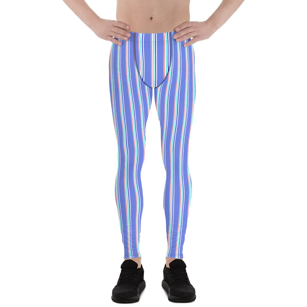 Blue Red Striped Men's Leggings, Modern Vertical Stripe Print Meggings-Made in USA/EU