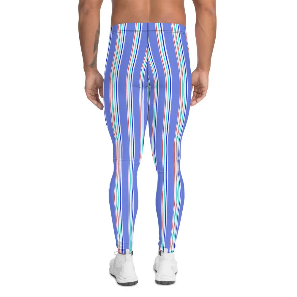 Blue Red Striped Men's Leggings, Modern Vertical Stripe Print Meggings-Made in USA/EU