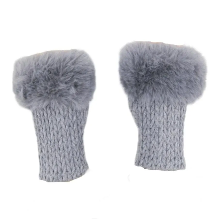 Cashmere Blend Fur Trimmed Fingerless Gloves - Grey