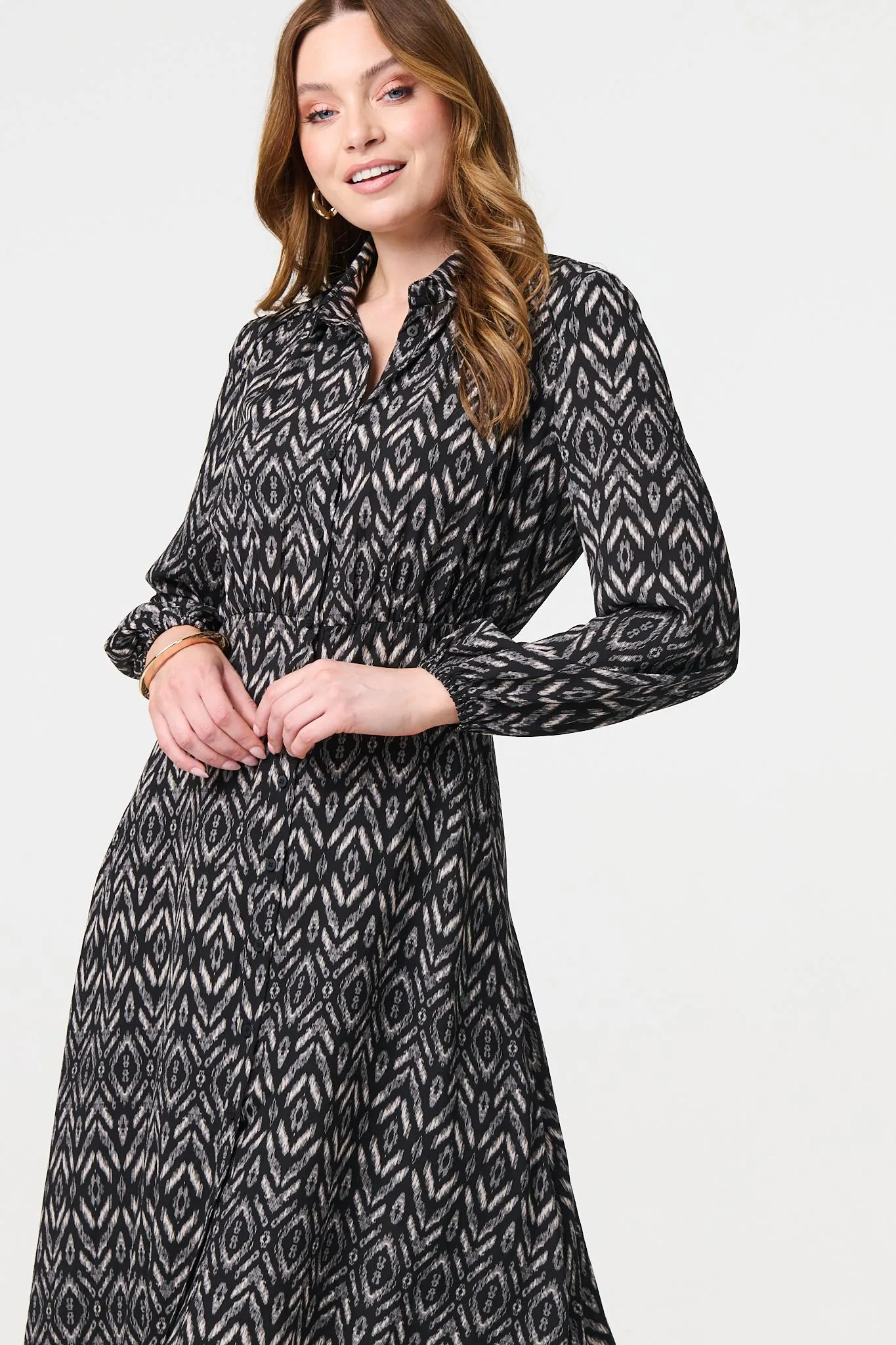 Chevron Print Long Sleeve Midi Shirt Dress